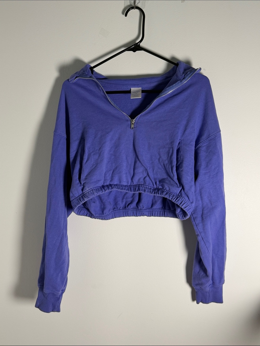 Arizona jean co purple cropped scrunched hem mid zip long sleeve sweater